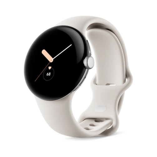 Google Pixel Watch (LTE) Polished Silver mit Sportarmband Chalk OneThing_Gr